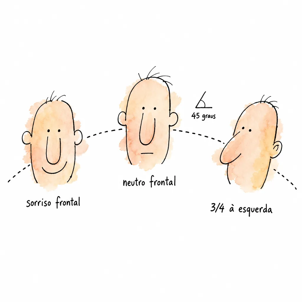 Cartoon de três cabeças no mesmo arco de rotação, rotuladas sorriso frontal, neutro frontal e 3/4 à esquerda, com marca de 45 graus entre as duas últimas