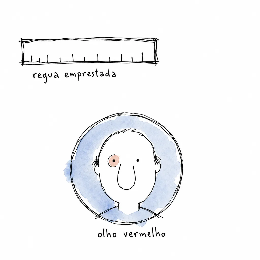 Régua curta demais no alto, sob o rótulo régua emprestada; embaixo, foto de perfil redonda com um olho circulado e o rótulo olho vermelho