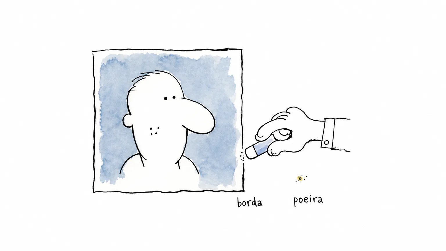 Cartão de retrato com três pontinhos intactos na bochecha; uma mão com borracha alcança só duas coisas, a poeira solta e a borda do cartão