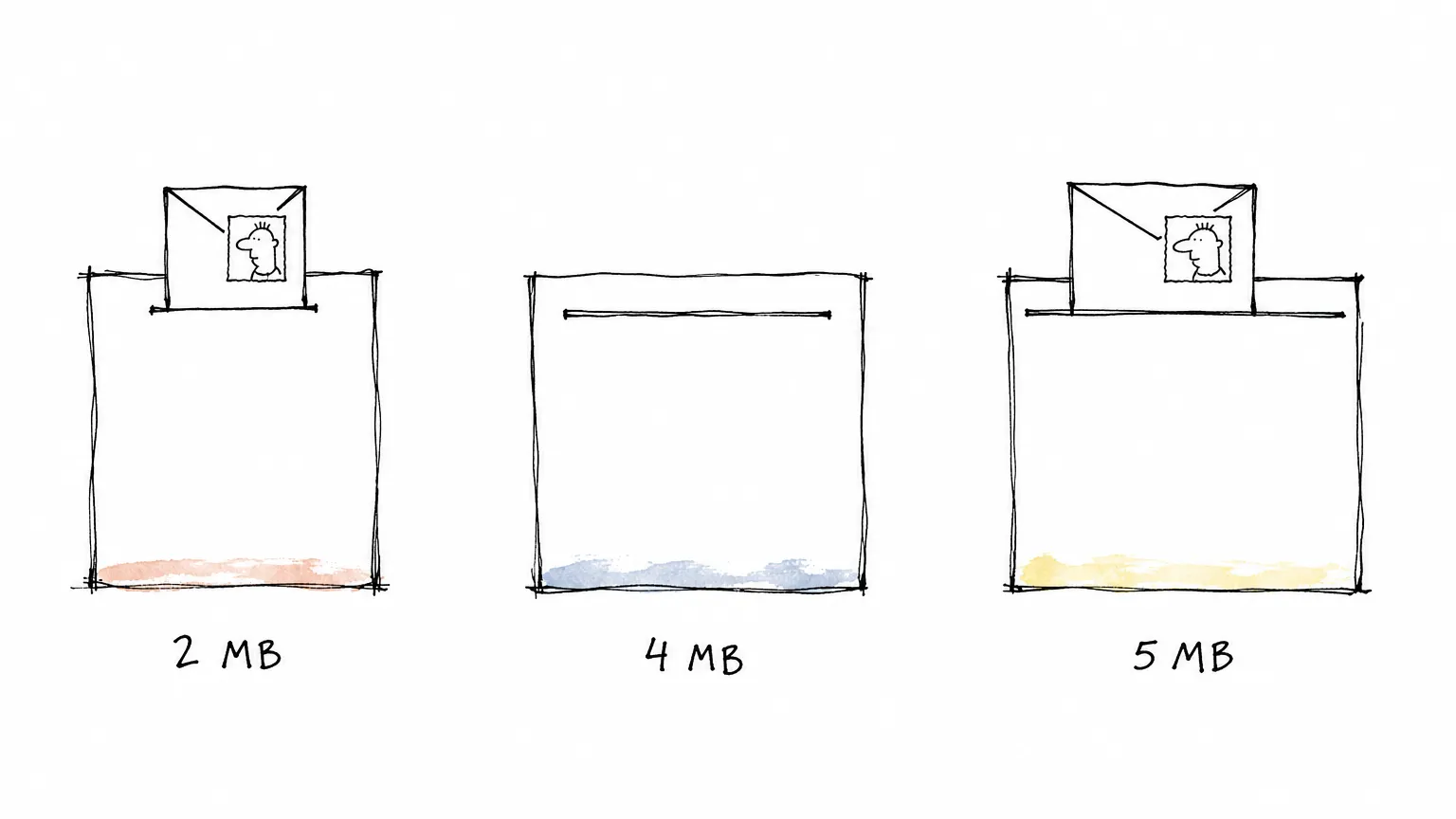 Três placas com fendas de larguras diferentes, 2 MB, 4 MB e 5 MB: o mesmo envelope com um retrato entra justo na menor e sobra folga na maior.