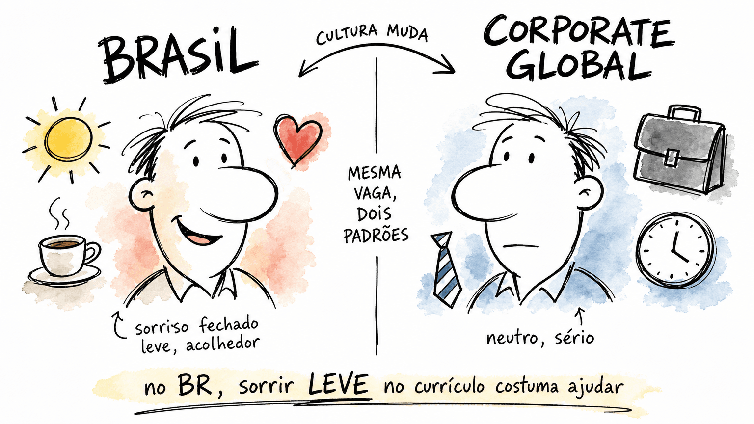 Split doodle Red Bull comparando padrão BR (sorriso leve acolhedor) com padrão corporate global (neutro sério) no currículo.