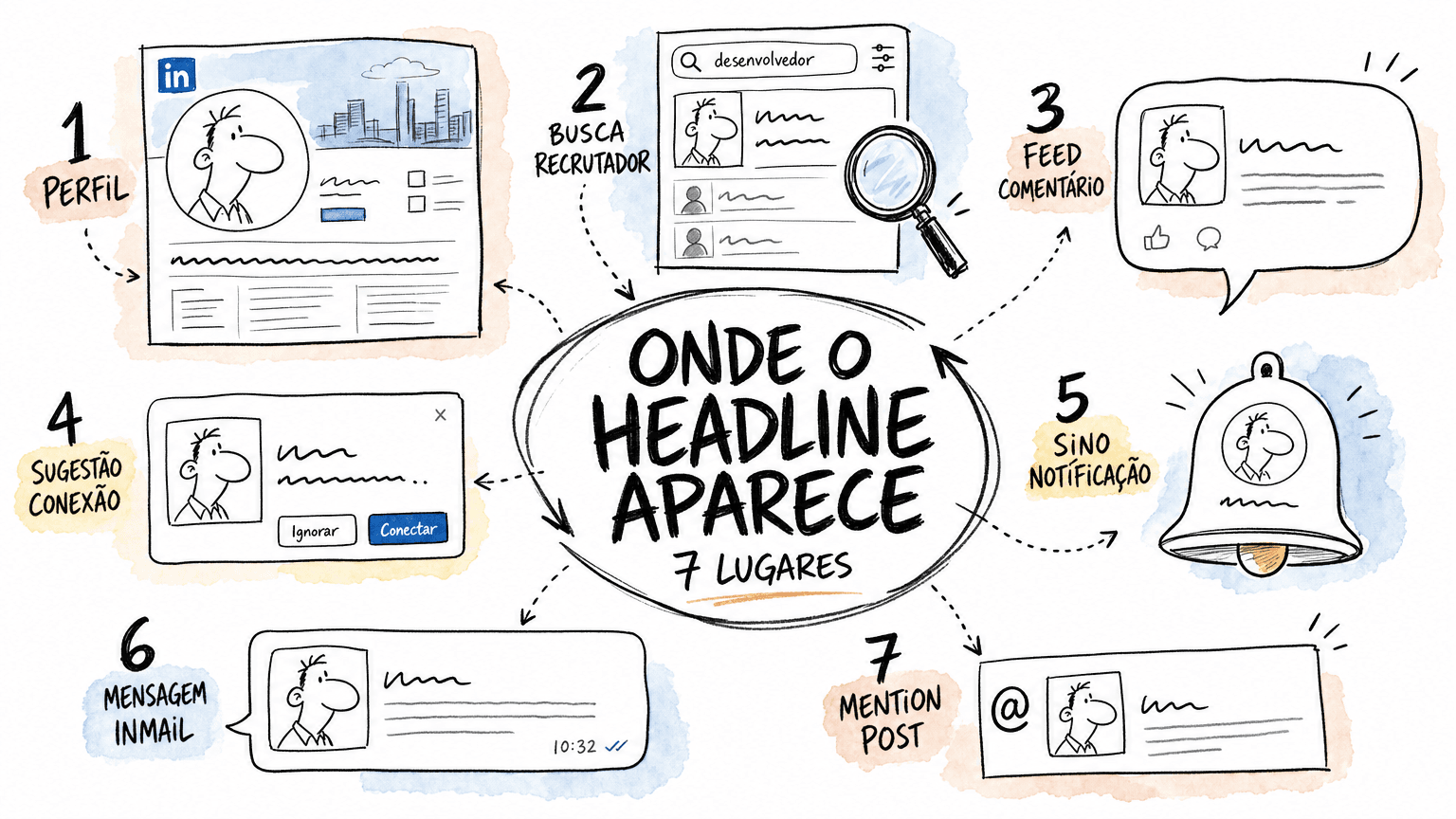 Sketchbook doodle Red Bull com 7 vinhetas em pt-BR mostrando onde o headline do Linkedin aparece: perfil, busca, feed, sugestão, sino, InMail e mention.
