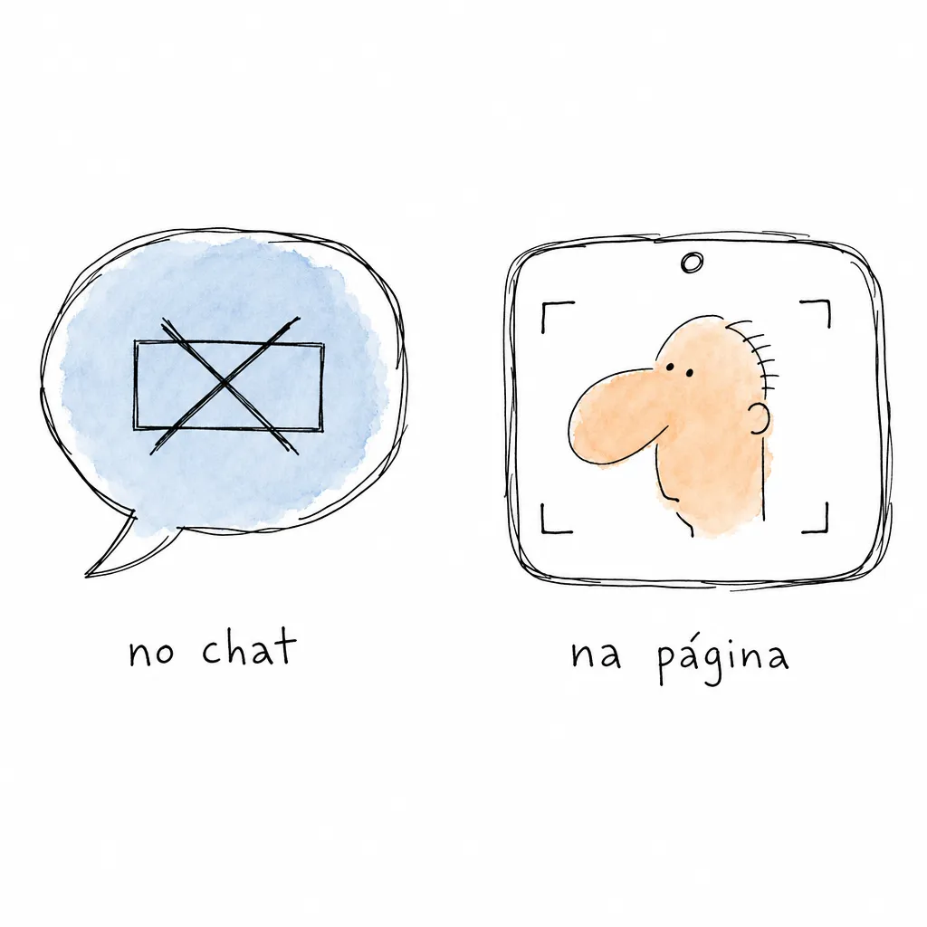 Balão de conversa com o arquivo riscado por um X, sob "no chat", e ao lado uma tela em que o rosto aparece dentro do visor da câmera, sob "na página".