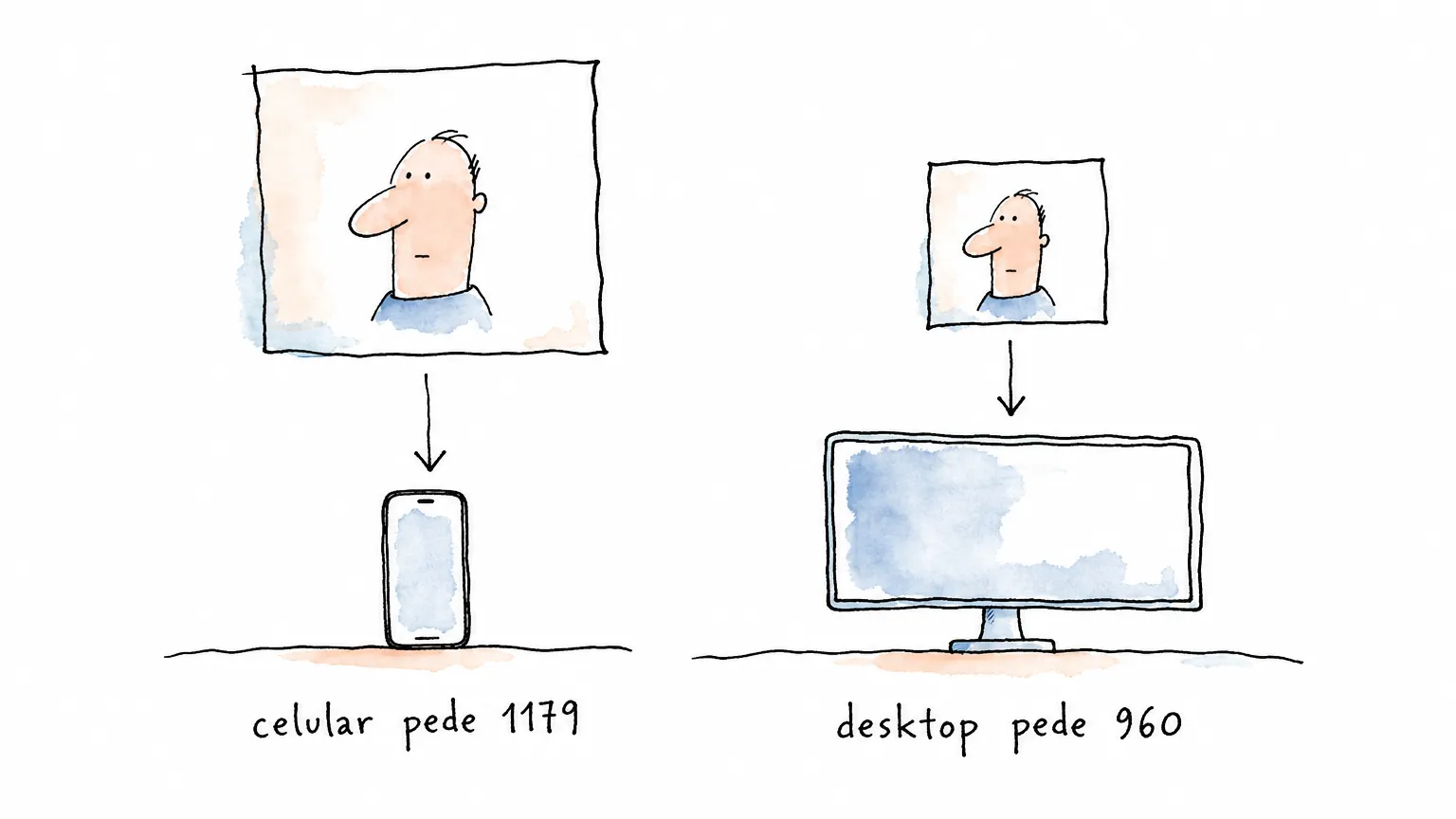 Folha grande de retrato acima de um celular e folha menor acima de um monitor, sob os rótulos “celular pede 1179” e “desktop pede 960”.