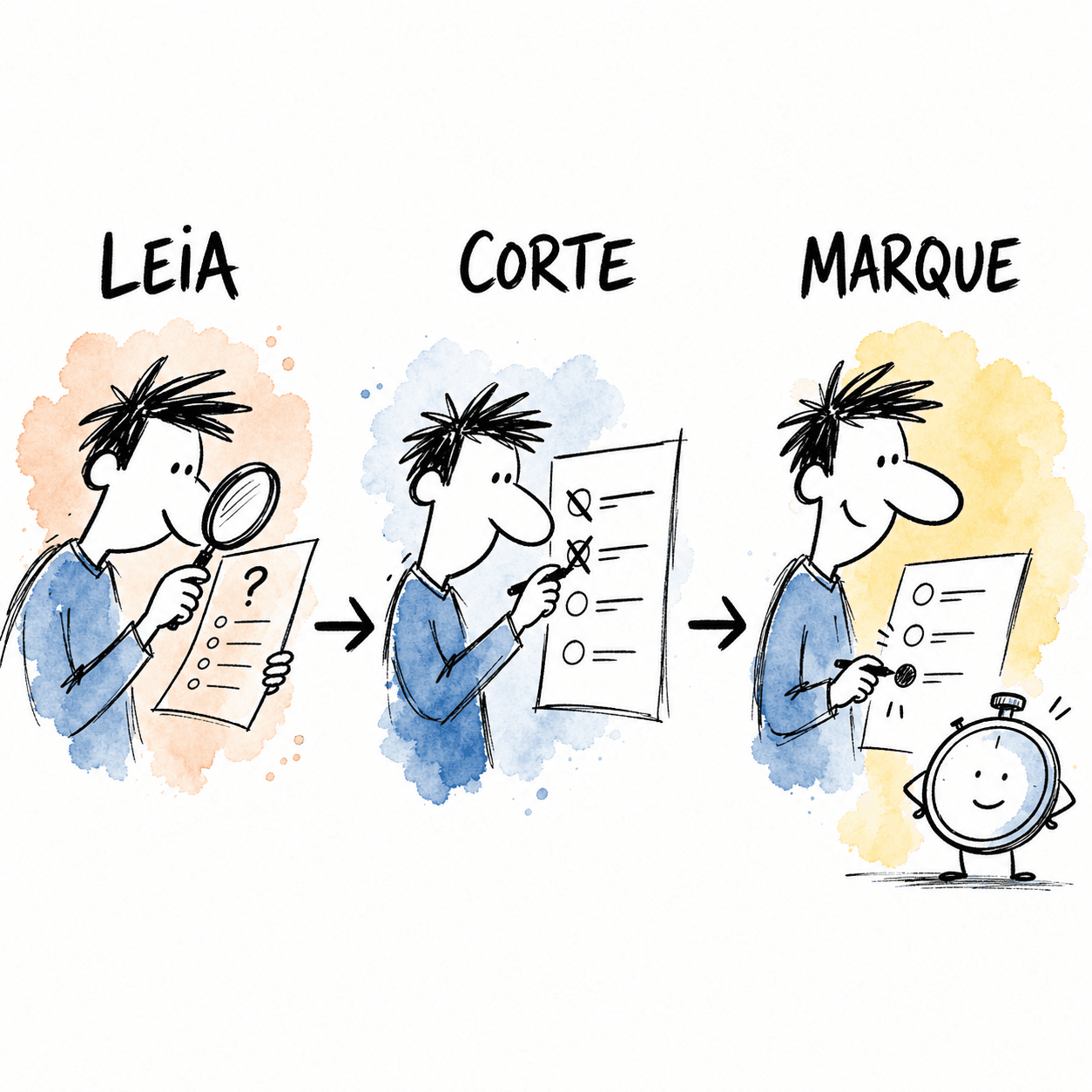 Fluxo visual para resolver teste de lógica: leia, corte alternativas e marque