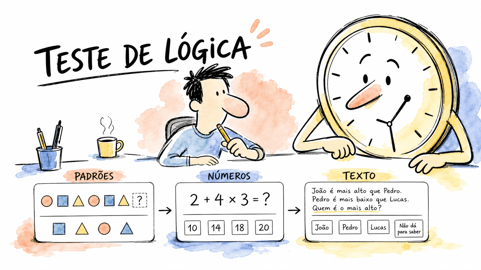 Ilustração de candidato resolvendo teste de lógica com padrões, números e texto