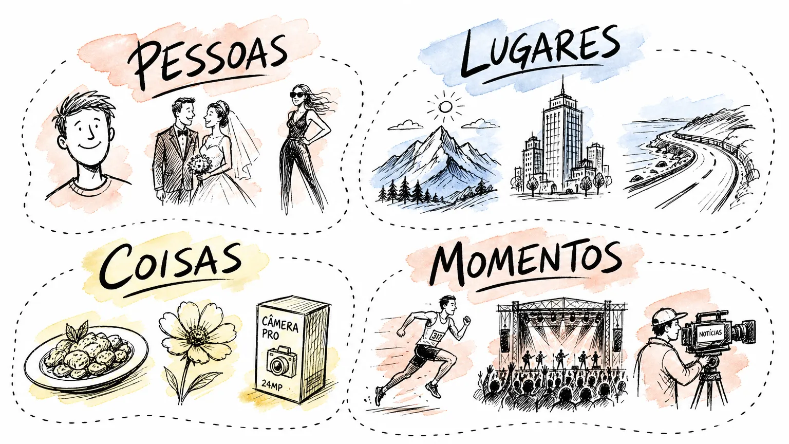 As quatro famílias de fotografia em um infográfico: pessoas, lugares, coisas e momentos, cada uma com seus gêneros principais