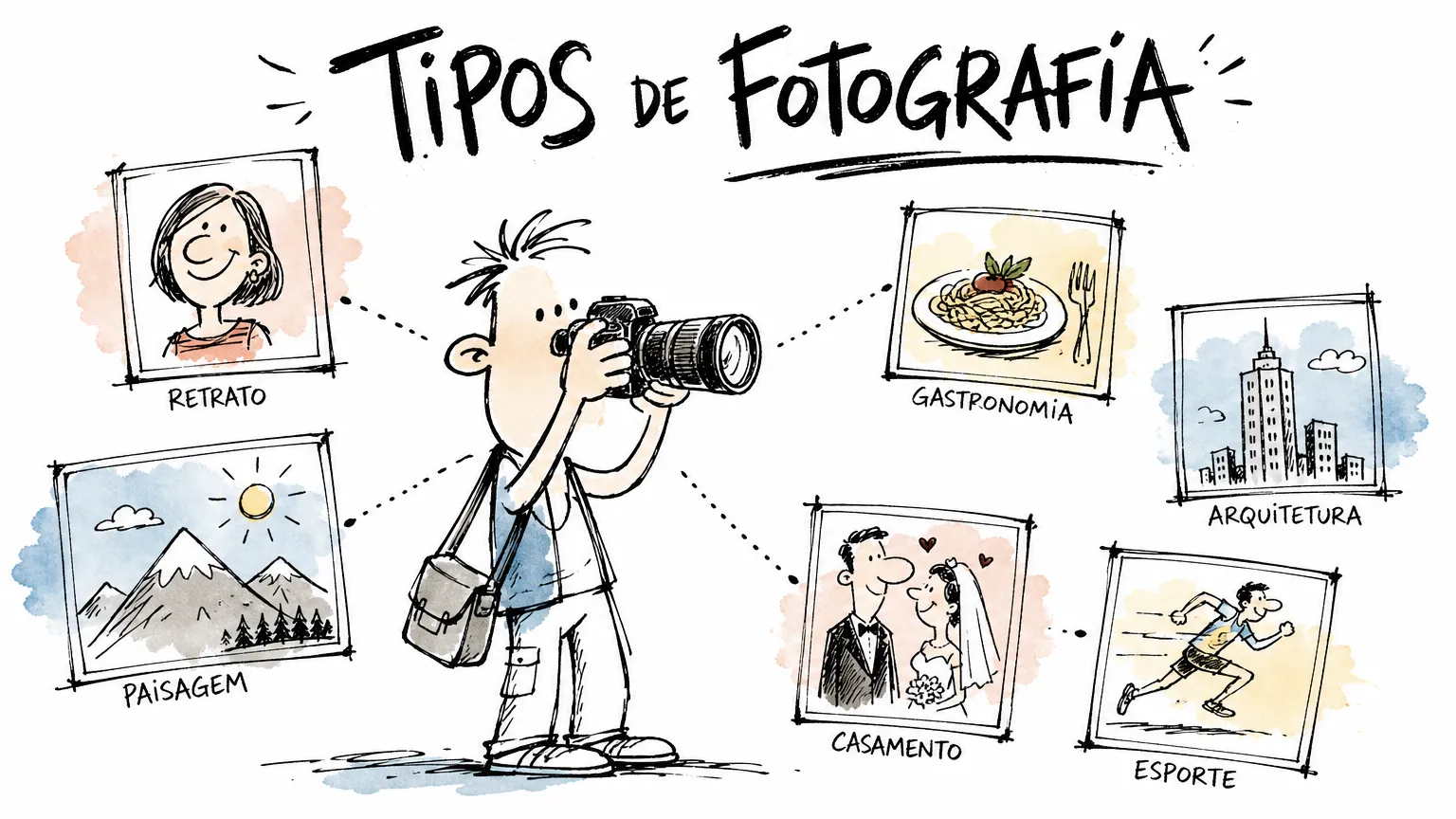 Cartoon de fotógrafo apontando a câmera, cercado por mini cenas dos tipos de fotografia: um rosto, uma paisagem, um prato de comida, um prédio e um casamento