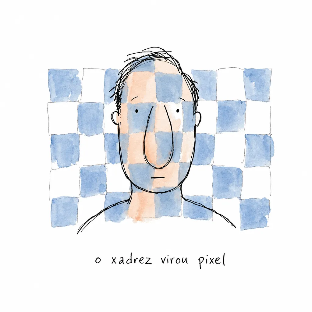 Rosto doodle com xadrez desenhado à mão cujos quadrados continuam por cima da bochecha e dos ombros, sob o rótulo "o xadrez virou pixel".